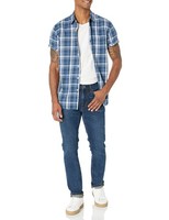 Amazon Essentials Herren Kurzarm Popeline Hemd Normale Passform Marine Karo L