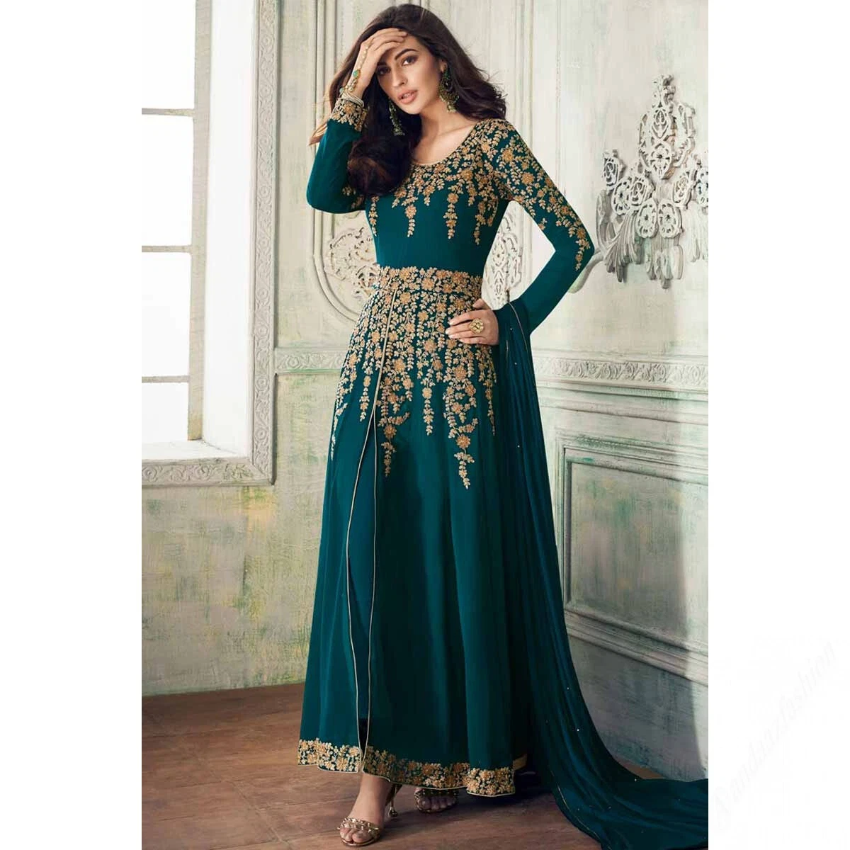 Buy Dark Blue Georgette Embroidered Anarkali Long Gown – Gunj Fashion