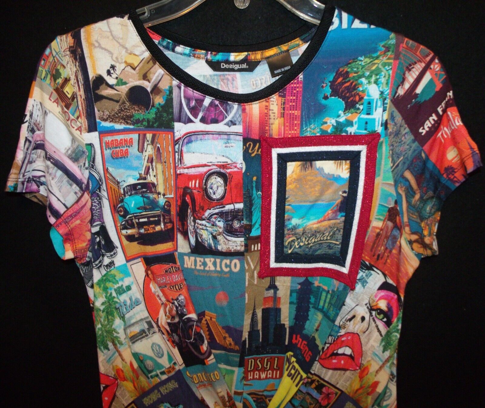 Opwekking Republiek escaleren Rare DESiGUAL Phobe Retro 50s cars vacation Postcards t-shirt tie front  dress S | eBay