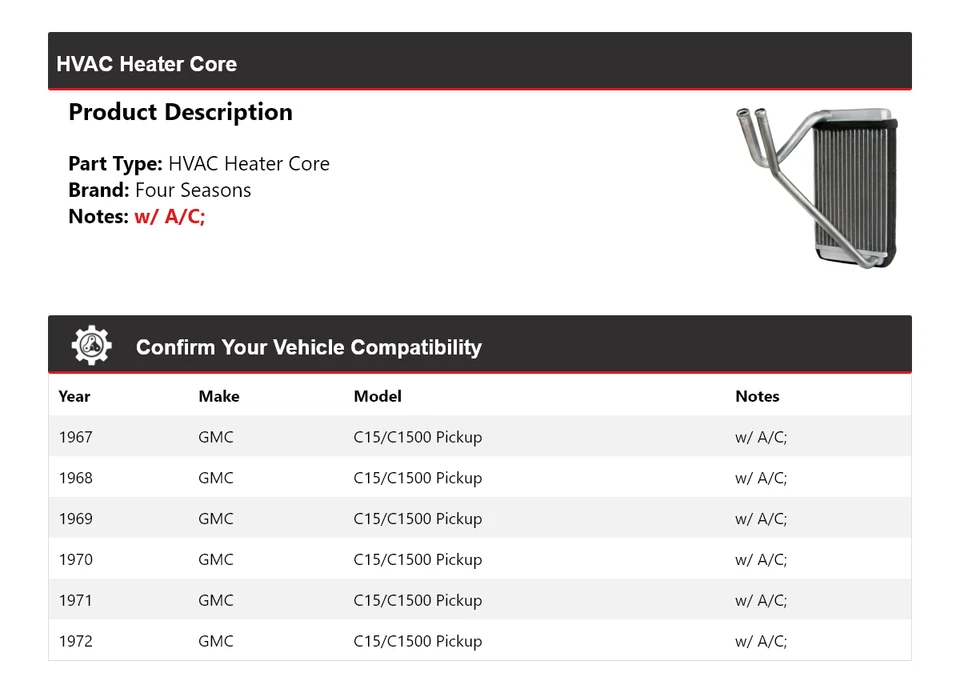 Para camioneta GMC C15/C1500 1967-1972 núcleo de calefacción de climatización 4 estaciones 1968 1969 1970 Foto 2 de 4
