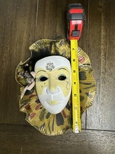 Vintage Hand Painted Ceramic Green W/ Feathers Decorative Mardi Gras Face Mask