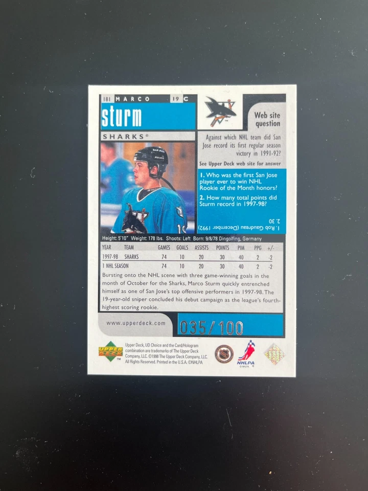 1998 Collector's Choice Marco Sturm Prime Choice Reserve #'d /100 *MINT* Sharks - Image 2 of 2