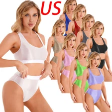 Women Glossy Crop Top Short Sleeve Shirt+High Waist Briefs Two-piece Swimsuit