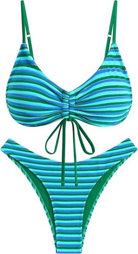 ZAFUL Flocking Textured High Cut Ruched Bikini Set - Blue and Green, Large