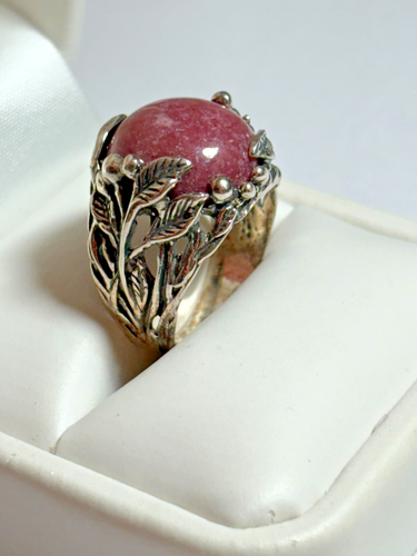 Anillo de plata de ley 925 PZ Israel piedra rosa rodolita talla 7 hojas bayas - Imagen 2 de 9