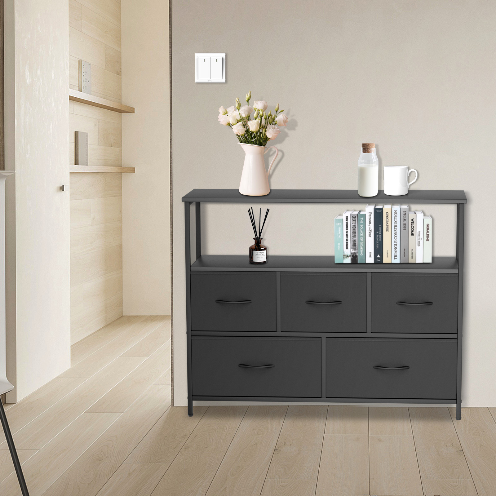 5 Black Drawers Dressers Fabric Chest of Drawers Storage Bedroom Organizer Bins