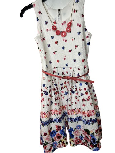 Beautees Girls Floral Skater Dress With Necklace Blue Pink Pleated White Size 14