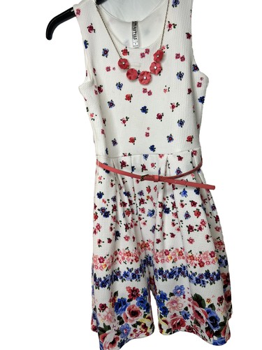 Beautees Girls Floral Skater Dress With Necklace Blue Pink Pleated White Size 14 - Afbeelding 1 van 6