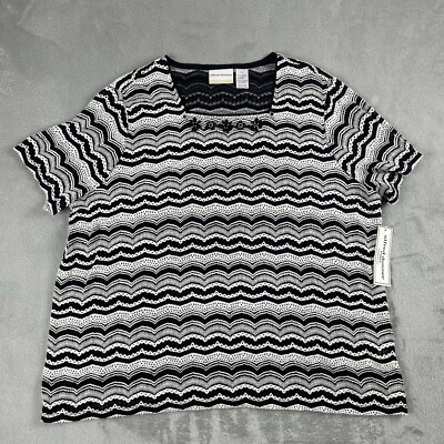 Alfred Dunner Top Women 3X Black White Stretch Mesh Knit Beaded sequins Lace NWT