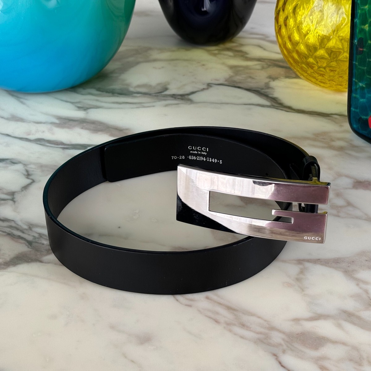 GUCCI by Tom Ford black leather belt w/ G buckle size 70/28 from F