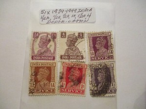 Six 1939-1949 India Postage Stamps -1/2A, 1/2A, 1/2A, 1A, 1 1/2A, 4Denomination