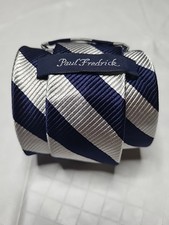 Paul Fredrick Tie Navy Blue Silver Stripe Silk 58x3.5