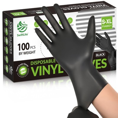 SWIFTLITE Black Vinyl Gloves, Food Grade Gloves Disposable Latex Free
