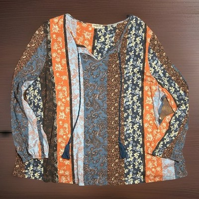 One World Women Tunic PLUS 3X Floral Patchwork Stripe Boho Casual Peasant