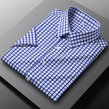 Mens Elastic Shirts Formal Business Short Sleeves Plaids Casual Dress Shirts Top