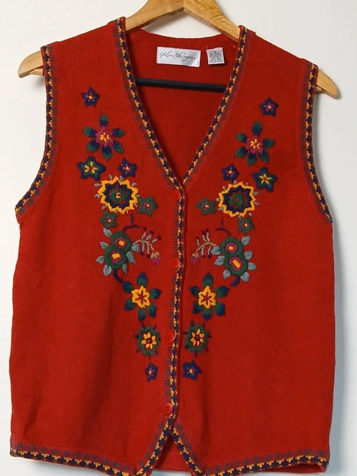 Gorgeous Vintage 90s Kim Rogers Embroidered Floral Knitted Waistcoat Red UK 12