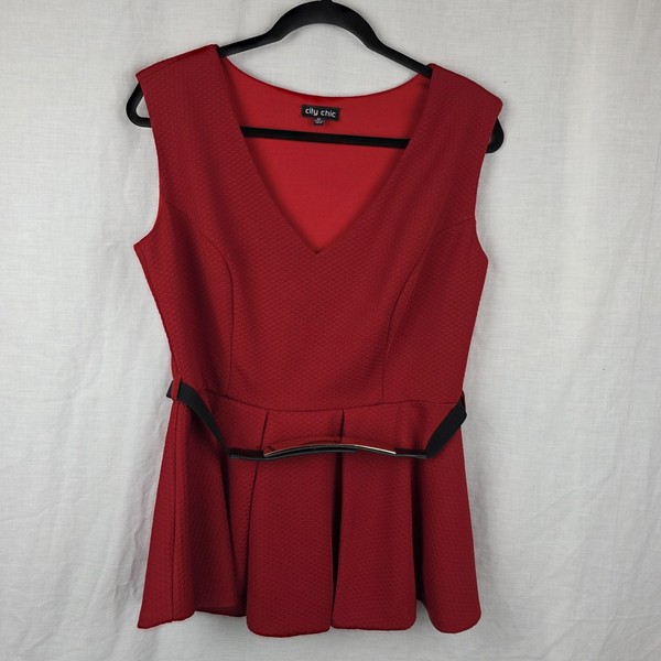 City Chic Plus Size XS Red Sleeveless Peplum Blouse Tank w Belt (19.5" Bust)