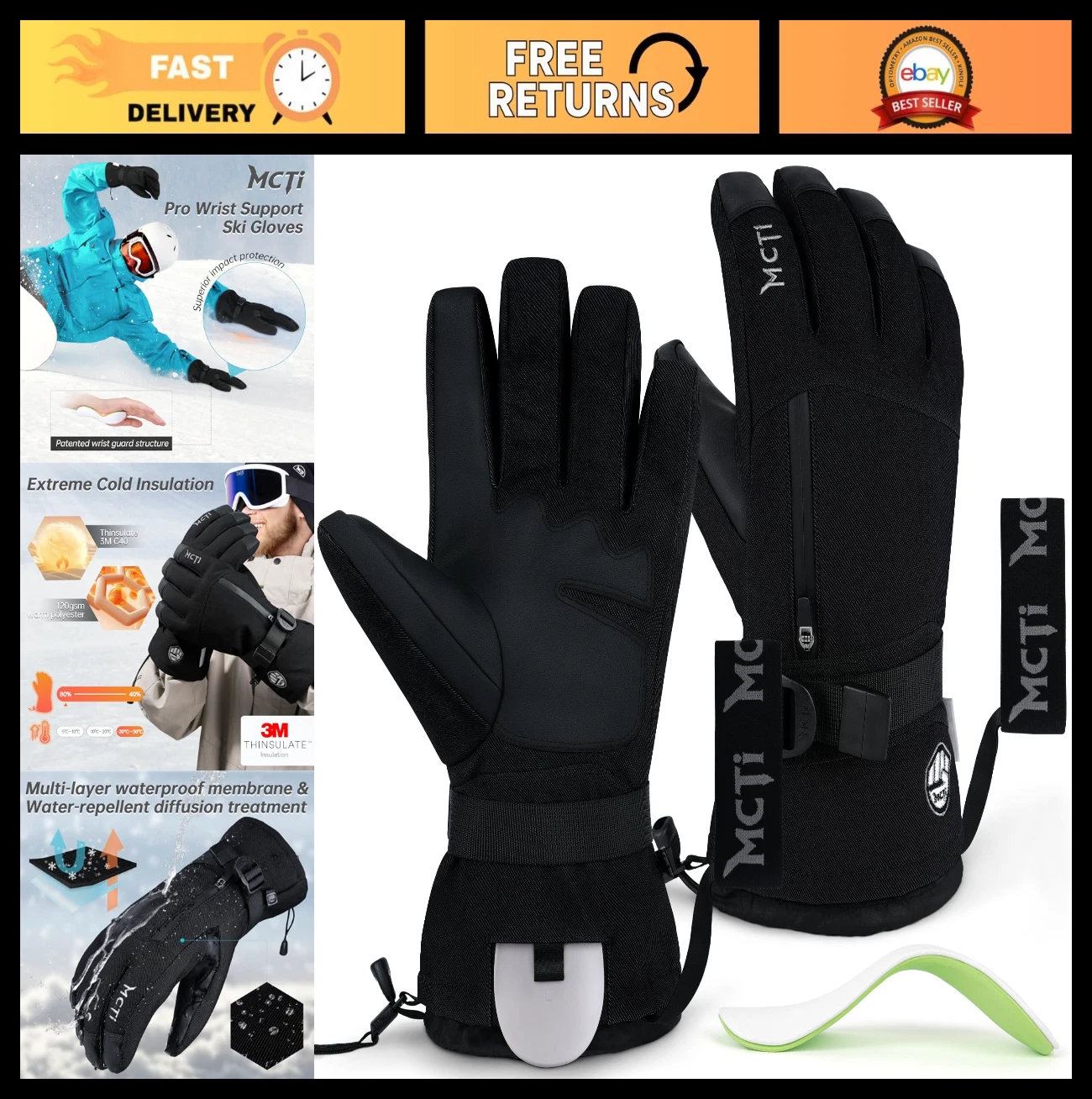 Waterproof Ski Gloves with Wrist Support, 3M Thinsulate Insulation, Winter Snowb