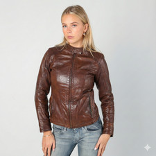 Women's Brown Distressed Leather Jacket Moto Biker Cafe Racer Quilted Zip Coat