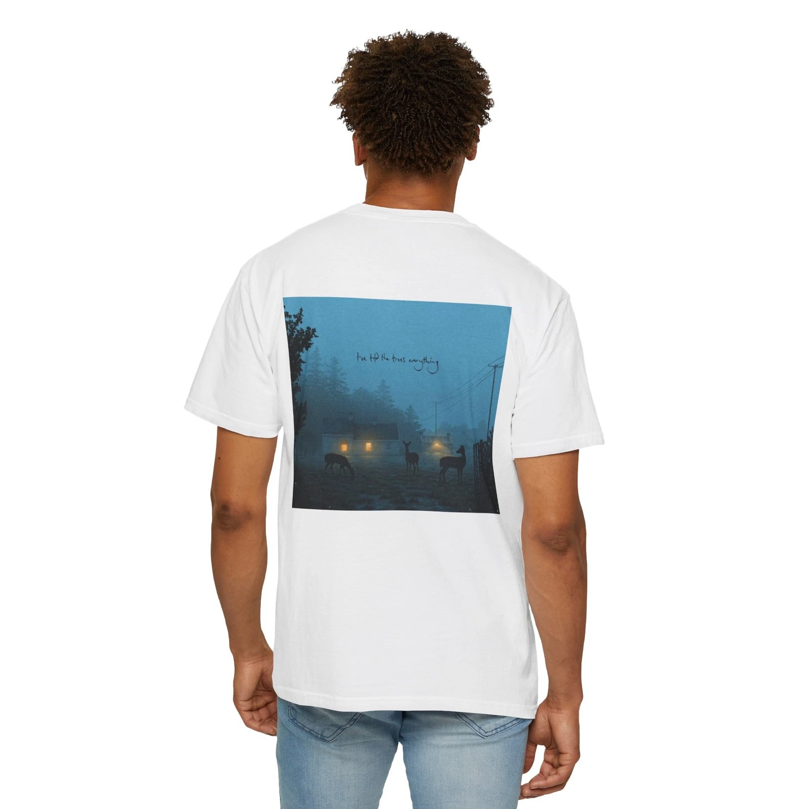 Foggy Night Deer Scene T-shirt | Vintage Roadside Photograph