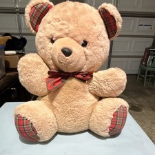 Vintage Large Beige Plush Teddy Bear w/ Plaid Ears Feet, Bow, Black Eyes, 1pc