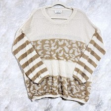 Boho Animal Print Striped Women Sweater Sz M Loose Fit Cozy Open Knit Beige Tan