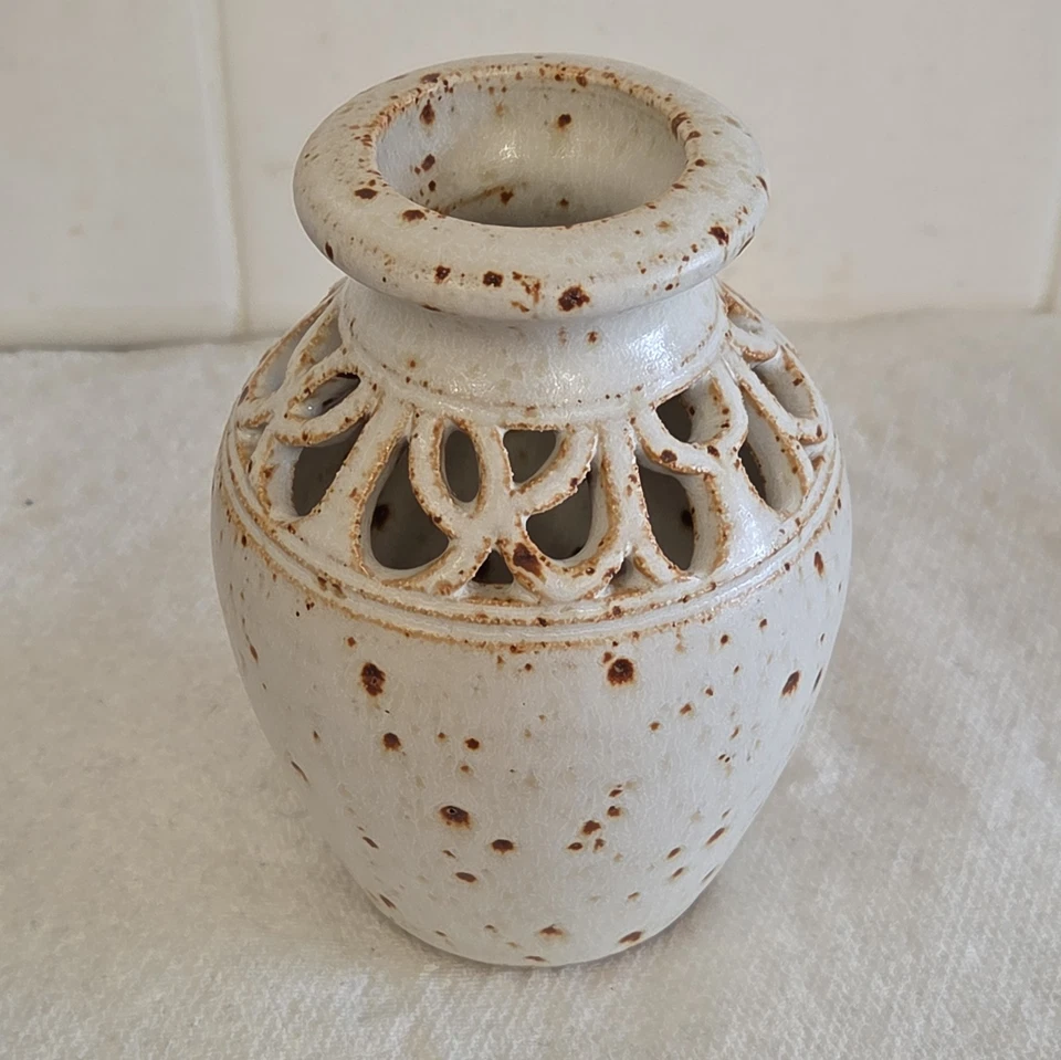 Vintage Jon & Heather Cheney Studio Pottery Stoneware Pierced Baluster Vase 4.5" - Image 3 of 4