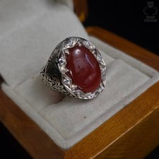 Vintage Red Yemeni Aqeeq Ring Natural Agate Men’s Unique Design Handmade Jewelry