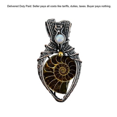 Ammonite Fossil Gemstone Rainbow Moonstone Wire Wrapped Birthday Pendant Copper
