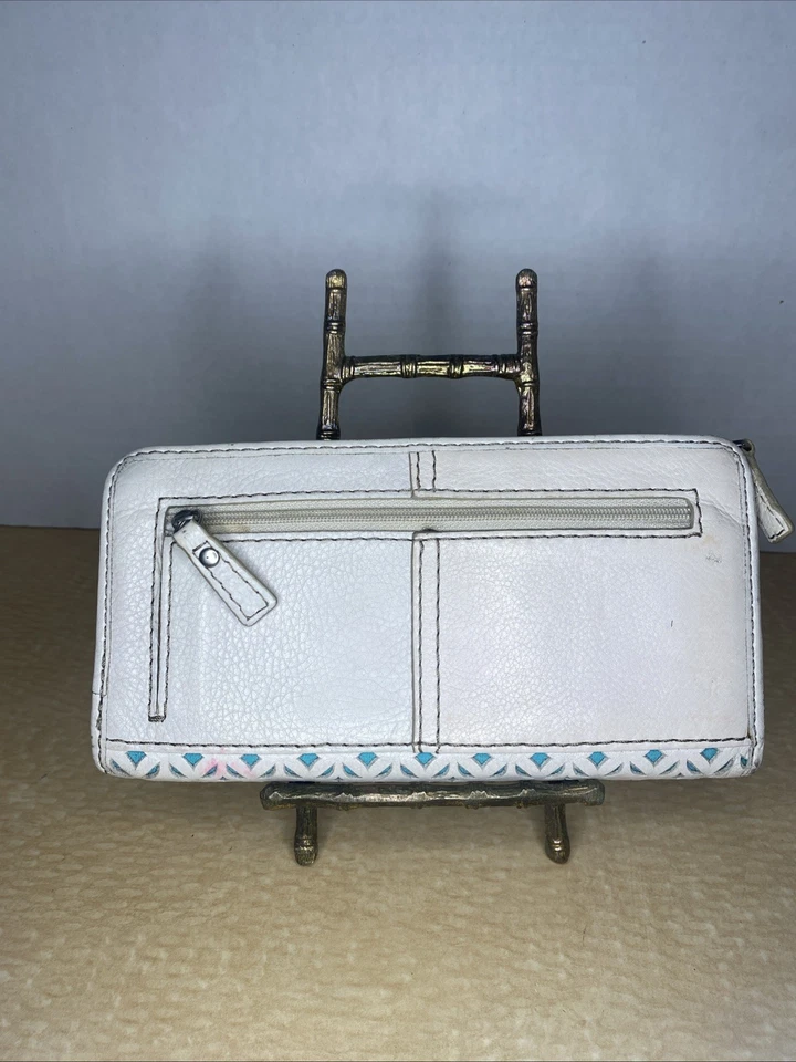 Cartera Fossil Maddox Crema Con Cuero Recortado Azul De Colección 2 Tonos Cremallera Alrededor Foto 3 de 4