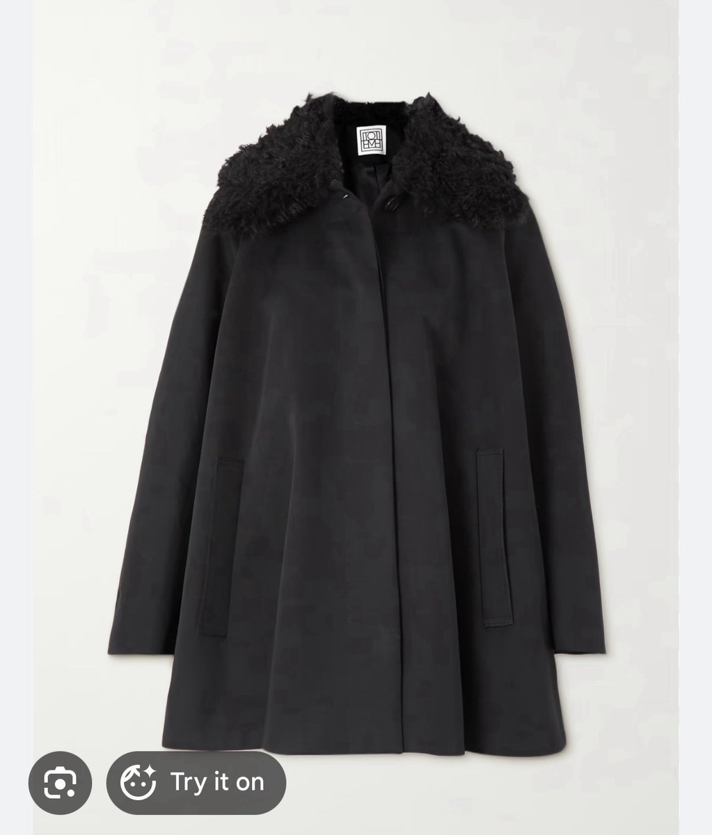 Toteme Shearling Collar Cape Jacket Black Button Mid-Length Women's Size 32