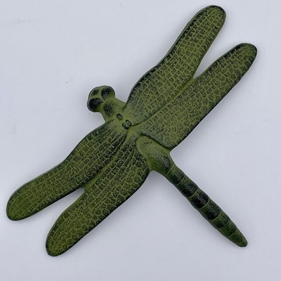 Cast Iron Dragonfly Insect Sculpture Asian Maker's Mark Green Figurine 6''x 4.25''