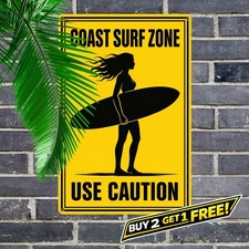 Surfer Girl Silhouette Beach Surf Warning Tin Sign Retro Metal Wall Decor