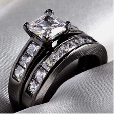 3.10Ct Princess Lab-Created Diamond Wedding Bridal Ring Set 14K Black Gold Over