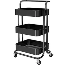 3 Tier Mesh Utility Cart, Rolling Metal Organization Cart with Handle and Black