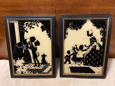 Pair Vintage Reliance Products 5x7 Silhouette Pictures-Off To & Back From School