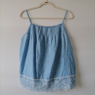 Tabitha Webb Womens Sky Blue Sleeveless Striped Embroidered Sleepwear Top Size M