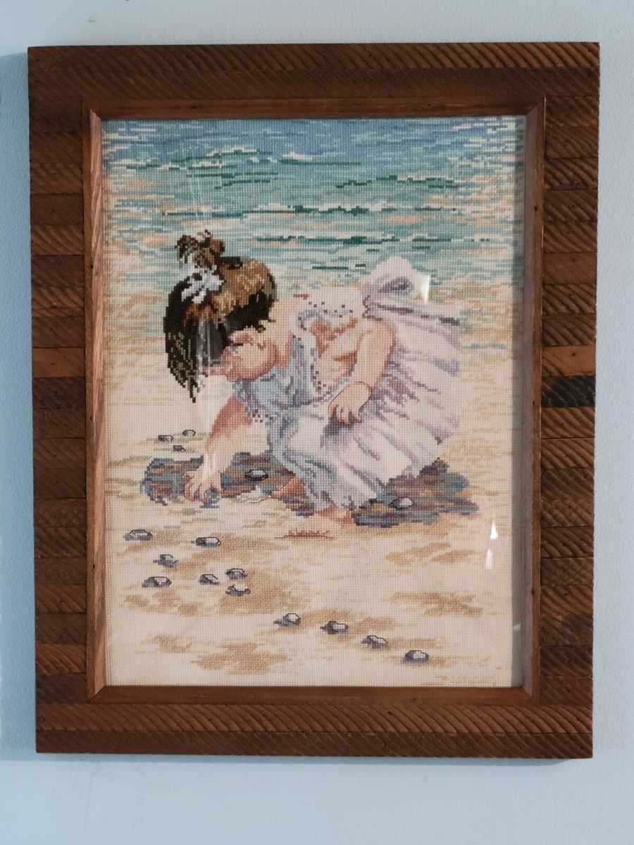 Beach Wall Art Vintage Hand Embroidered Baby Nursery Ocean Decor Framed Art