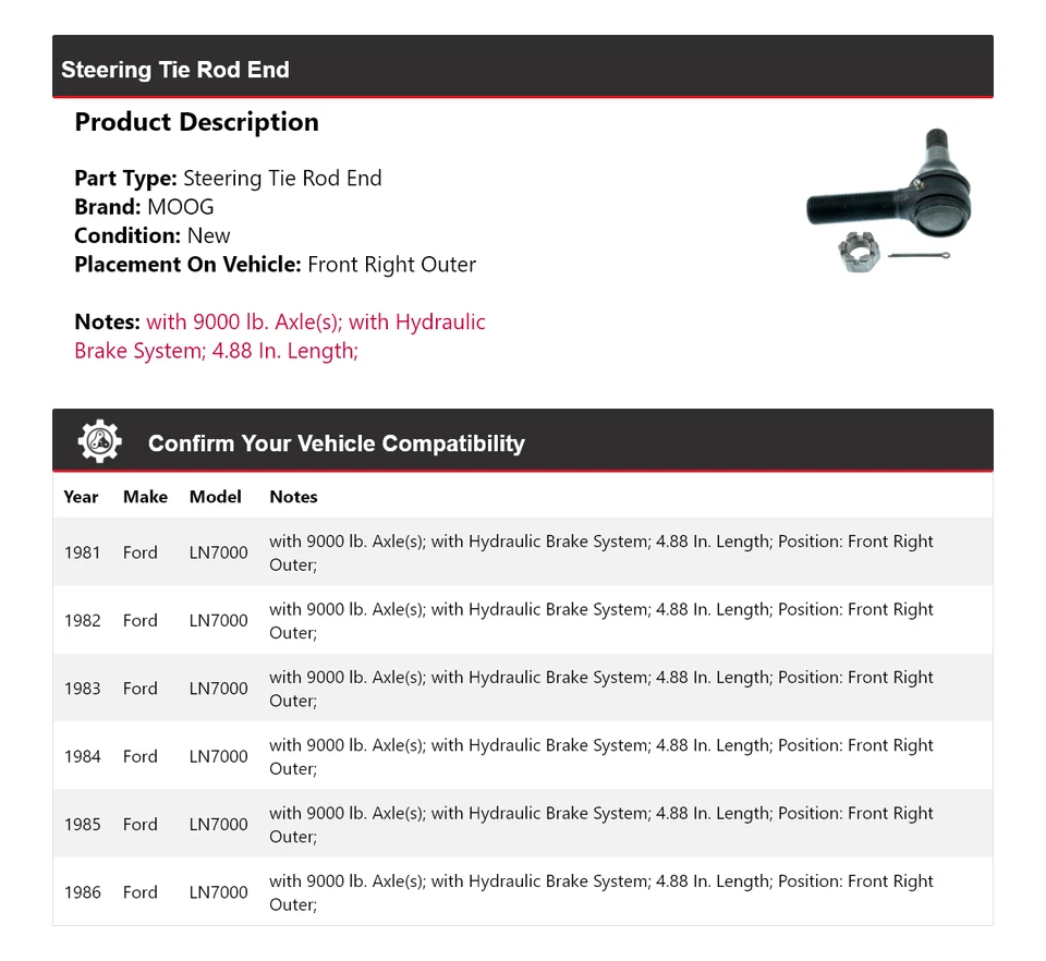 Para Ford LN7000 1981-1986 extremo de barra de dirección delantero derecho exterior MOOG 1981 1982 Foto 2 de 4