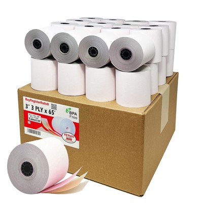 (32 Rolls) 3-ply 3'' inch 65' Feet White/Canary/Pink Carbonless Paper for Star...