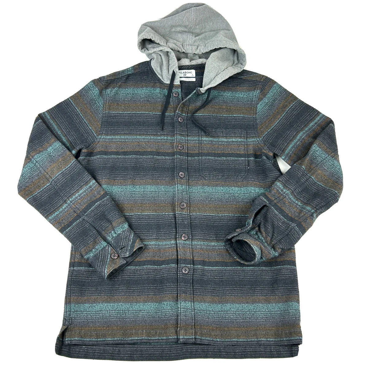 Billabong Mens small Cotton Stripe Flannel Hoodie Adult Hooded Shirt Baja surf