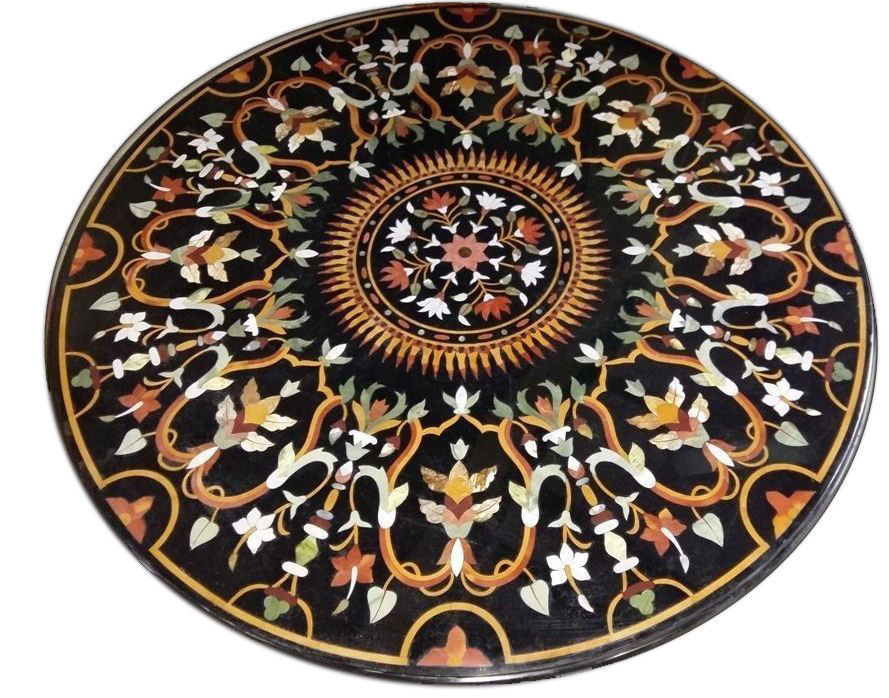 36-Inch Black Marble Coffee Table with Stunning Pietra Dura Inlay Art