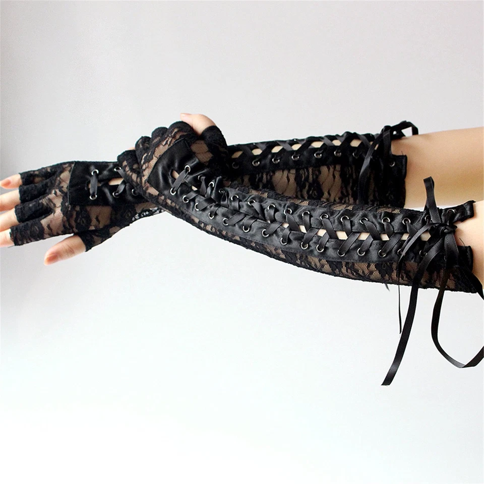 2Pairs Women's Sexy Short&Long Elbow Fingerless Gloves Gothic Lace Up Arm Warmer - Image 3 of 4