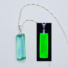 Sterling Uranium Glass Necklace Blue Green Baguette Pendant 925 Silver