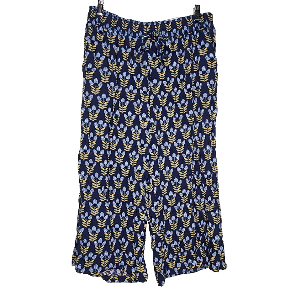 Style & Co 宽腿裁剪裤 XL 蓝色花卉中腰缩褶腰波西米亚 — 第 3/4 张图片
