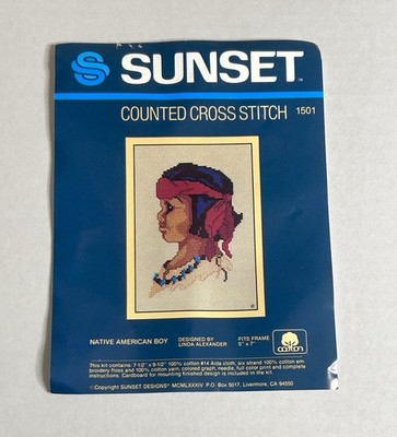 2 Sunset Counted Cross Stitch Kits Native American Boy. 1 Complete, 1 Incomplete
