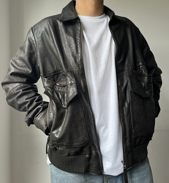Vintage Leather Bomber Jacket Black Size: L Made In Spain