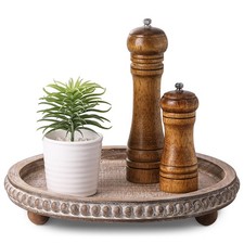 Tavolino da Caffè in Legno Decorazione, Vassoio Decorativo Rotondo Marrone Perline Anticato...