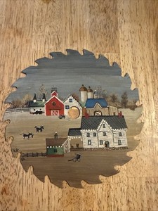 Circular Saw Blade Folk Art SIGNED 7.5” Country Scene Americana Farm Amish