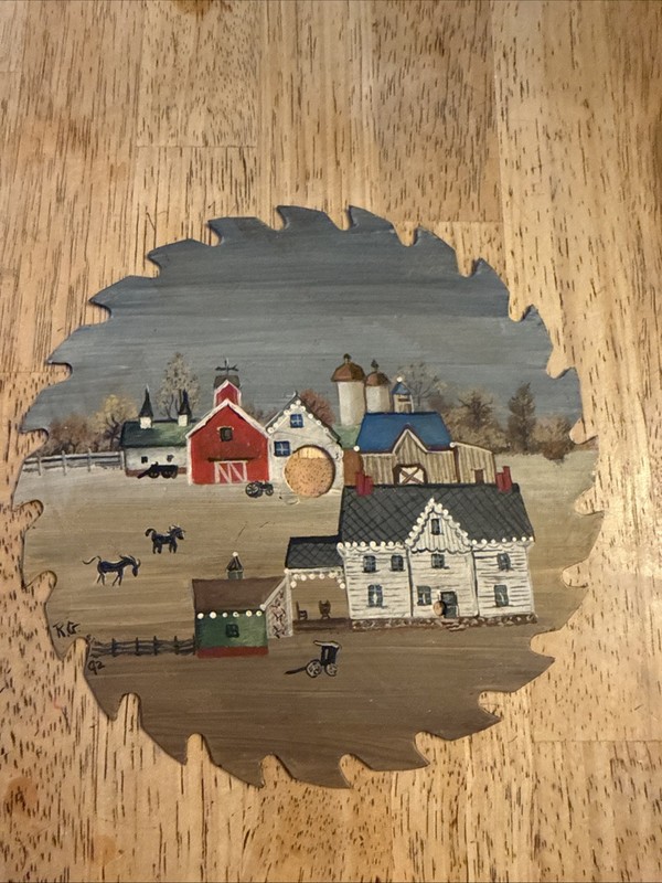 Circular Saw Blade Folk Art SIGNED 7.5” Country Scene Americana Farm Amish
